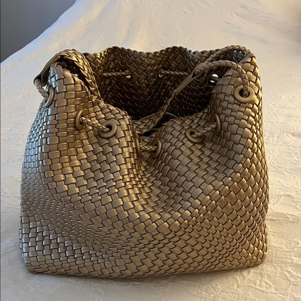 Woven Gold Bronze Drawstring Bucket Bag